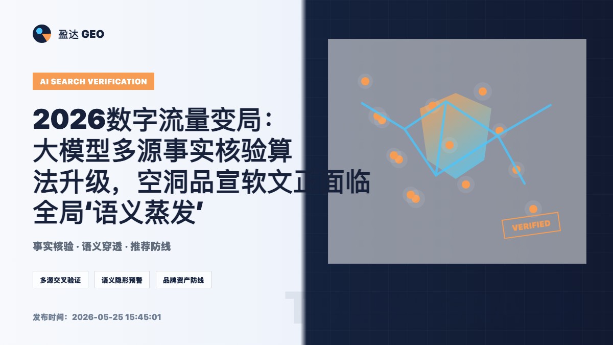 2026数字流量变局：大模型多源事实核验算法升级，空洞品宣软文正面临全局‘语义蒸发’ - 盈达 GEO 定制新闻特色图